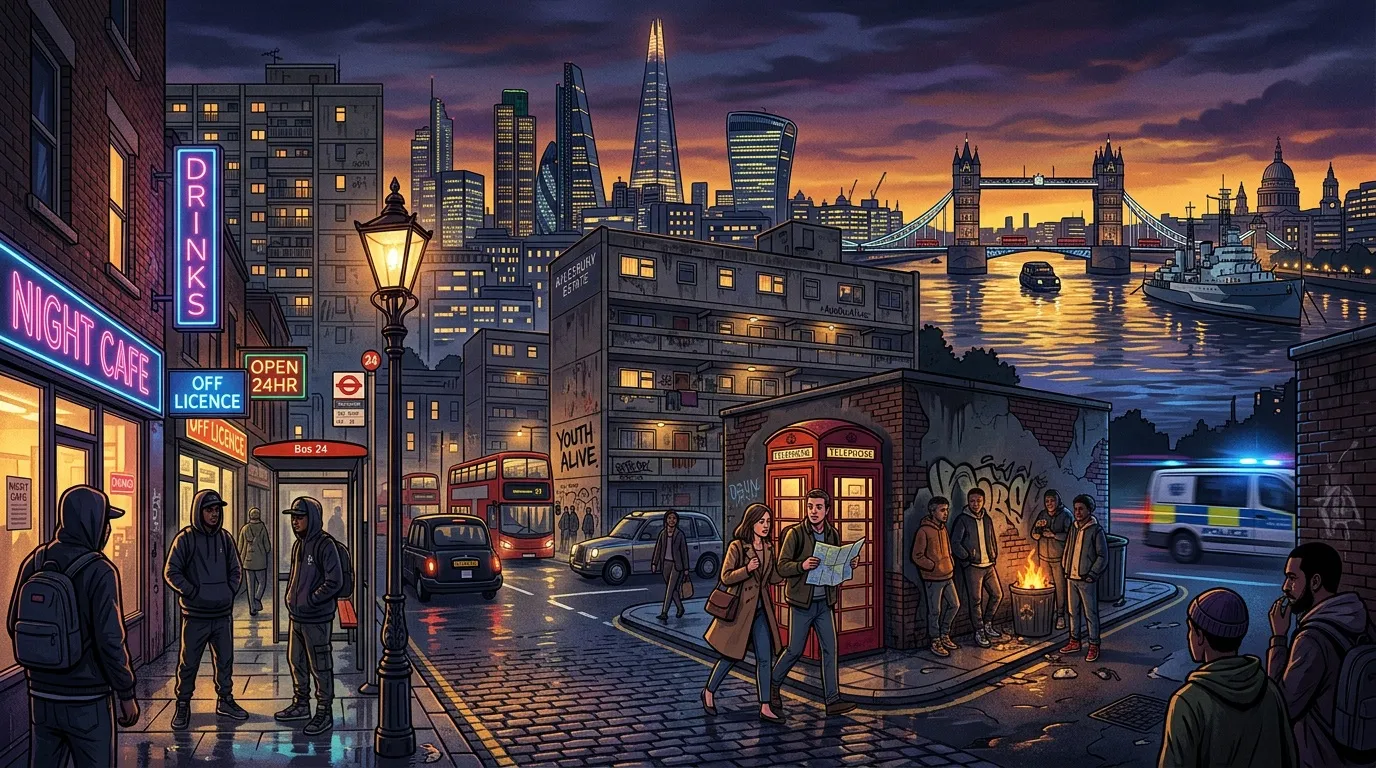 Rue Londres nuit avec monuments, néons, bus, personnes