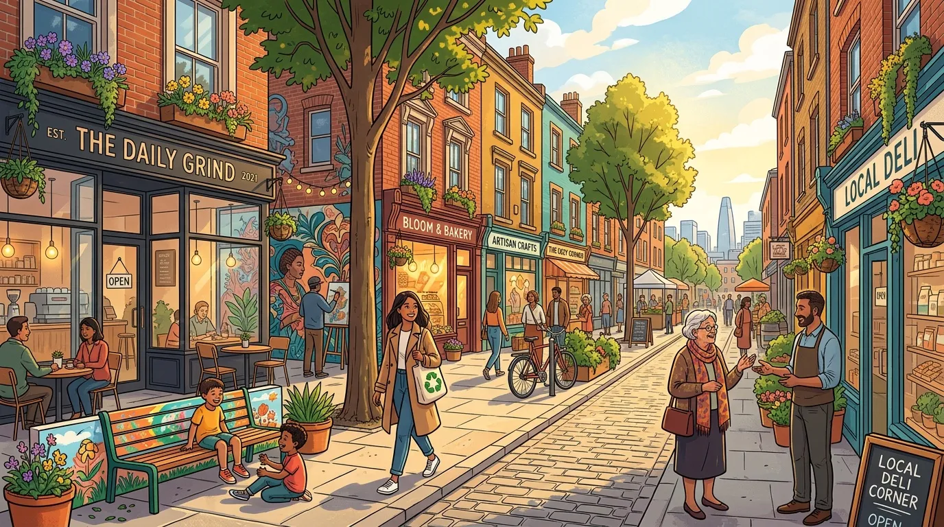 Rue piétonne animée avec boutiques locales, clients et arbres.