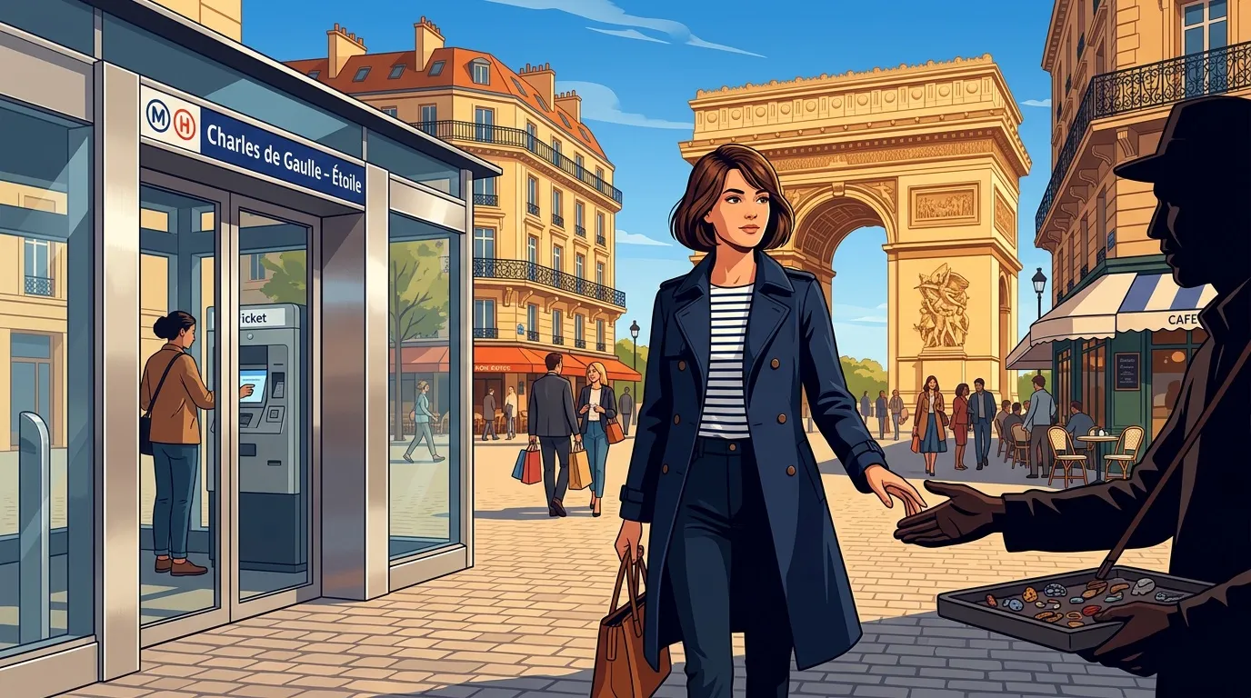 Femme en manteau bleu pr&egrave;s de l'Arc de Triomphe parisien