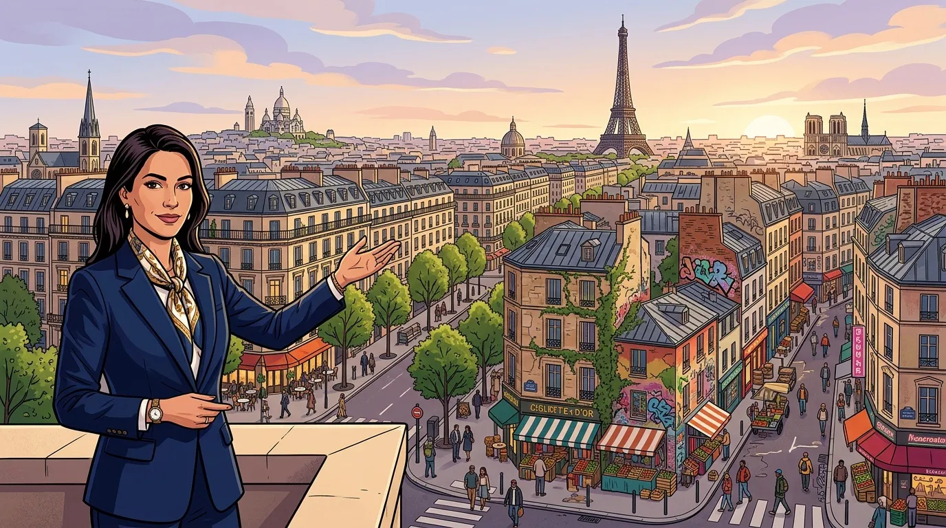 Femme en costume bleu devant panorama de Paris avec Eiffel Tower