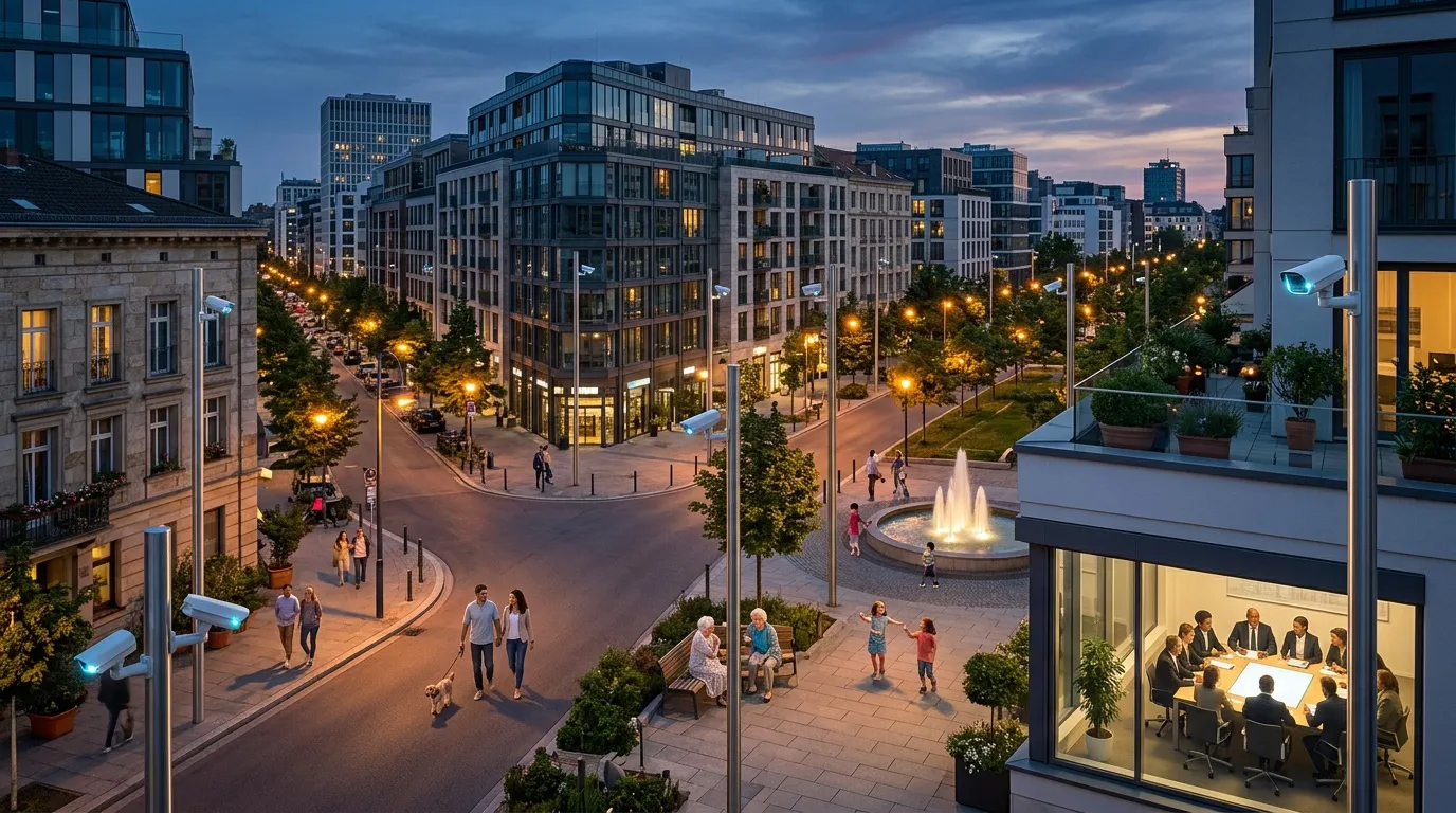 Place publique illuminée avec fontaine, immeubles modernes et passants.