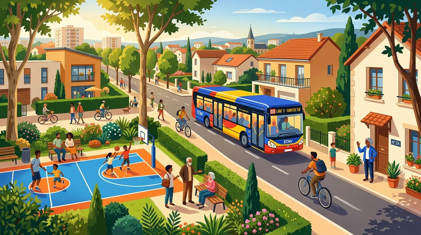 Communauté urbaine avec bus, habitants, parc et maisons