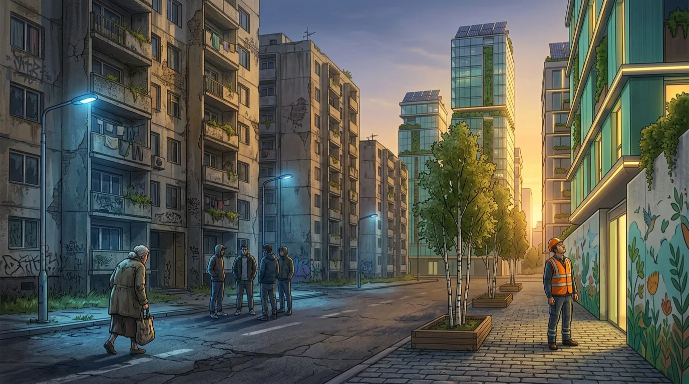 Rue urbaine avec immeubles modernes et habitants au coucher de soleil