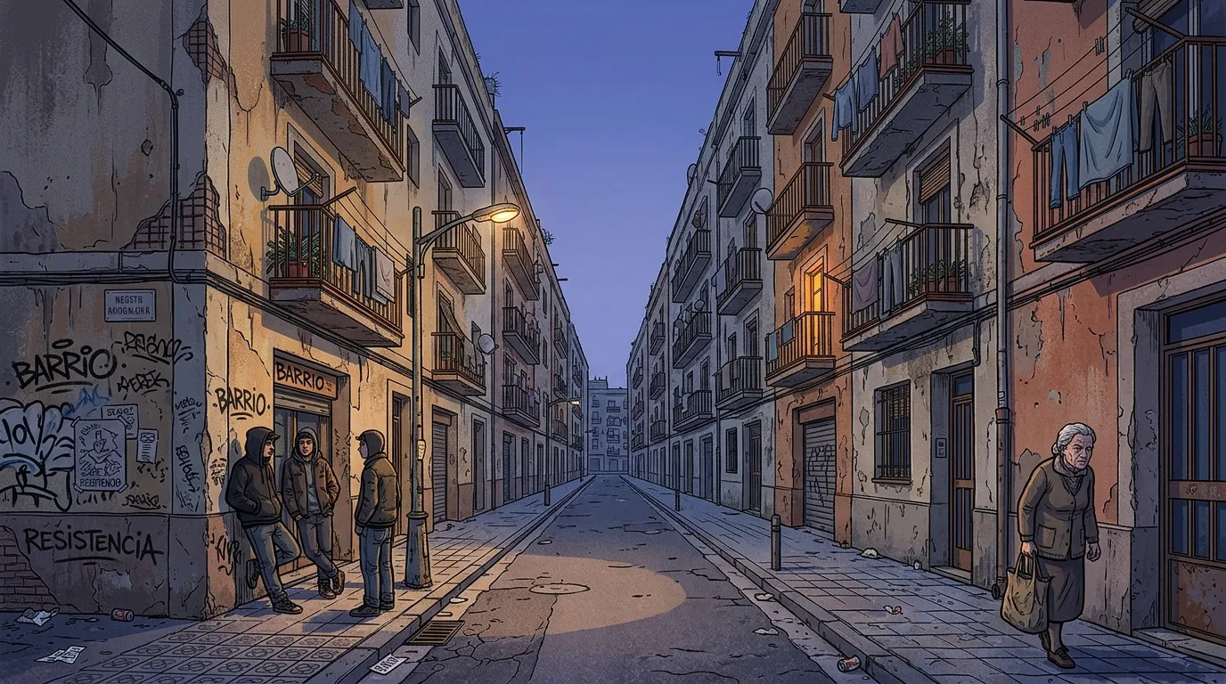 Rue urbaine étroite avec habitants et graffitis au crépuscule.