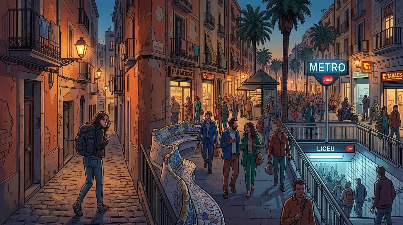 Entrée de métro illuminée dans vieille ville méditerranéenne animée