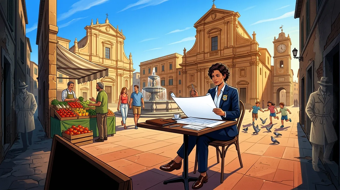 Femme travaillant à un bureau dans une place italienne historique