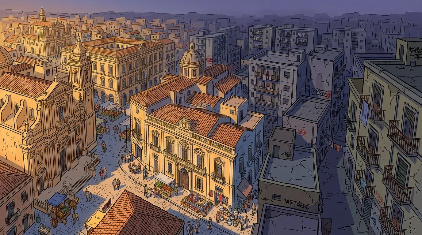 Vue aérienne ville : bâtiments historiques dorés, immeubles gris modernes arrière-plan