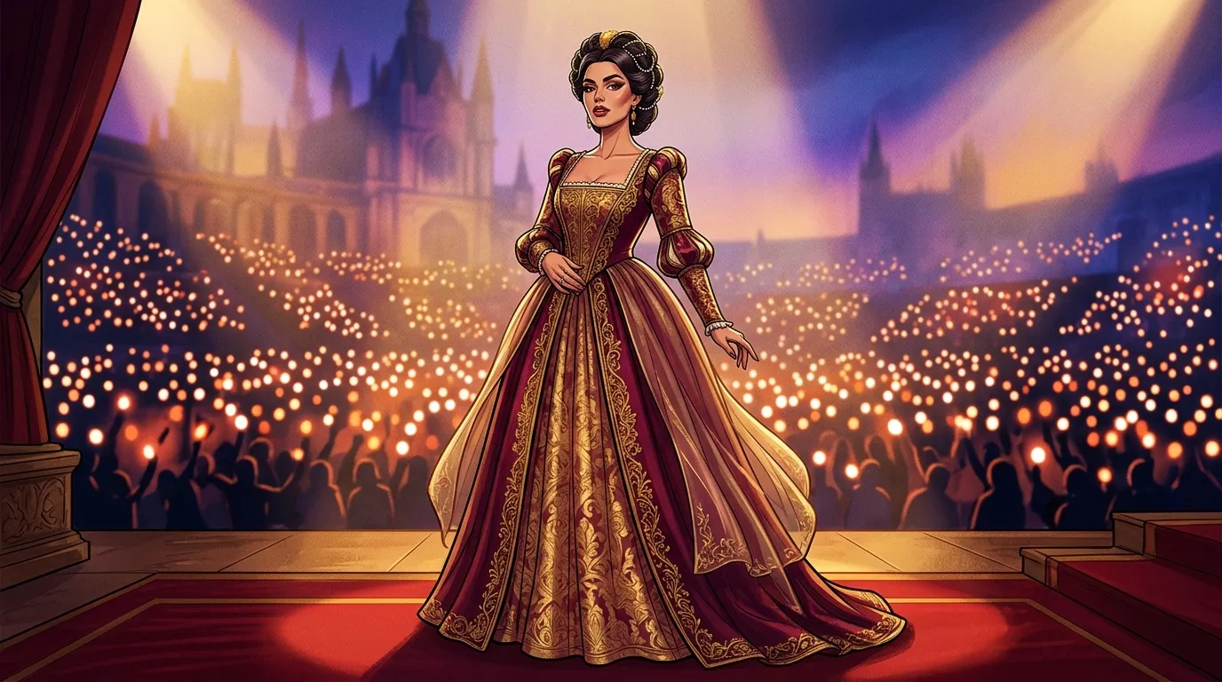 Femme élégante en robe dorée sur scène illuminée