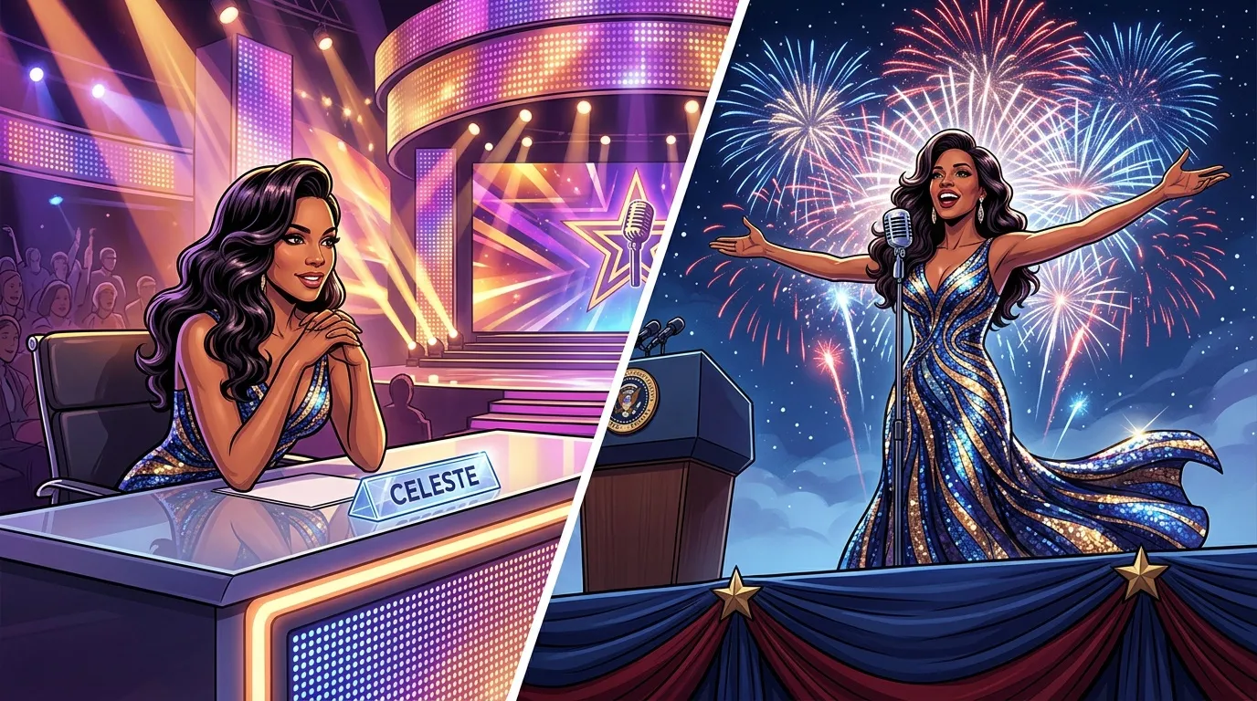 Femme élégante en robe paillettée sur scène avec feux d'artifice