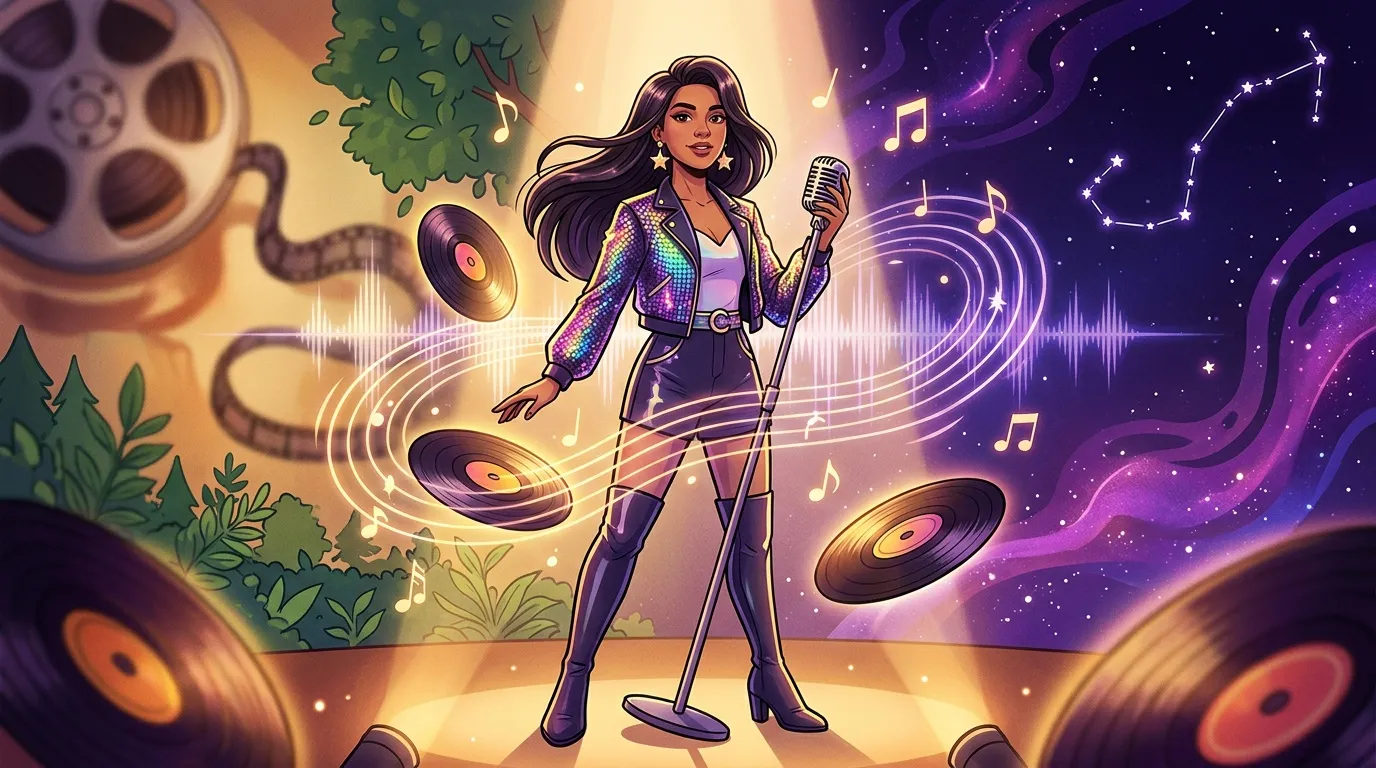 Femme chanteur avec microphone entourée de disques vinyles