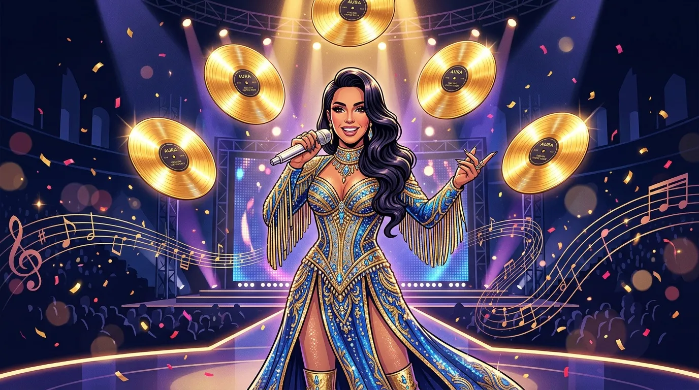 Chanteuse glamour avec disques d'or et confettis sur scène