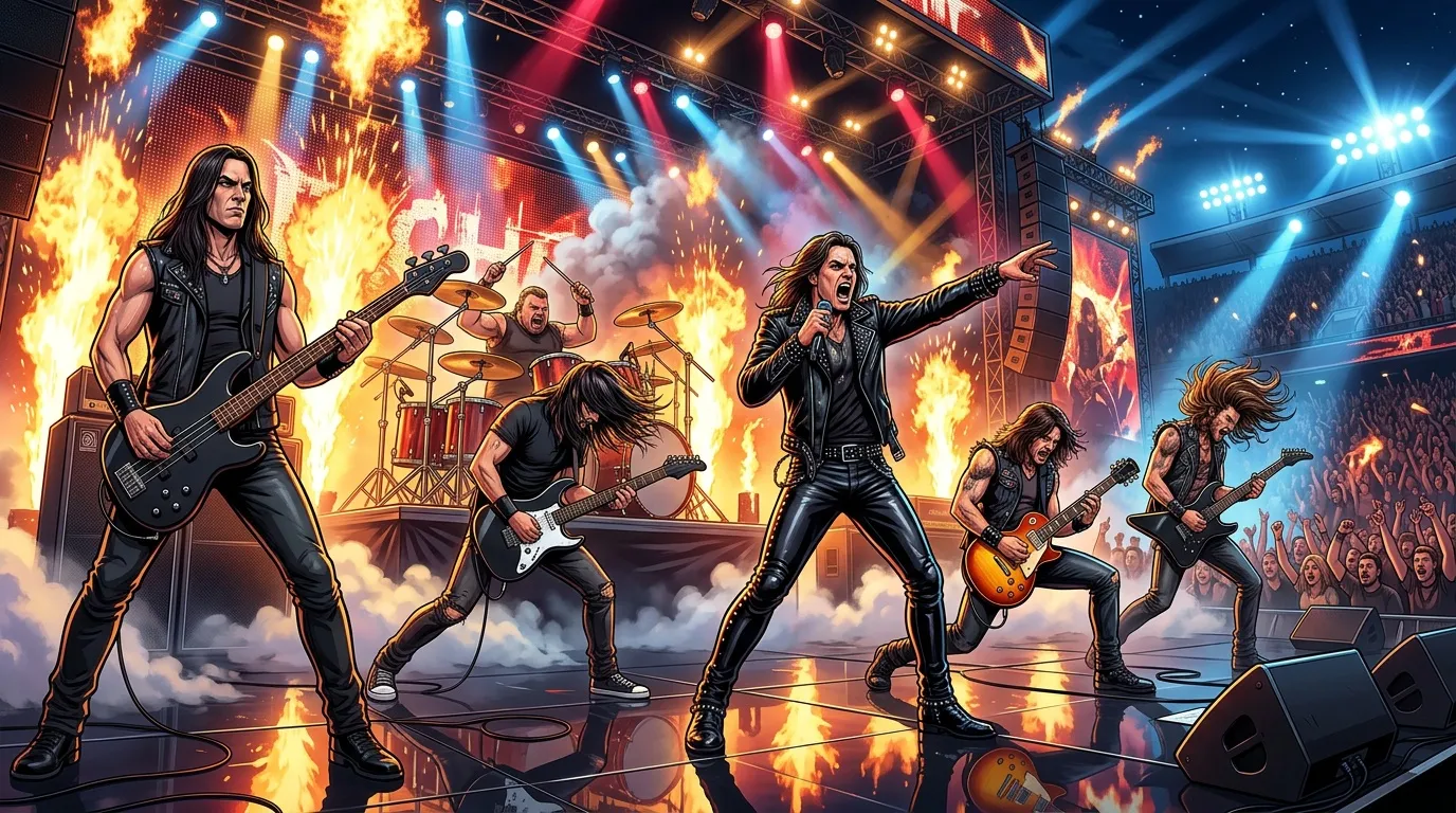 Groupe de rock en concert avec flammes et lumières spectaculaires