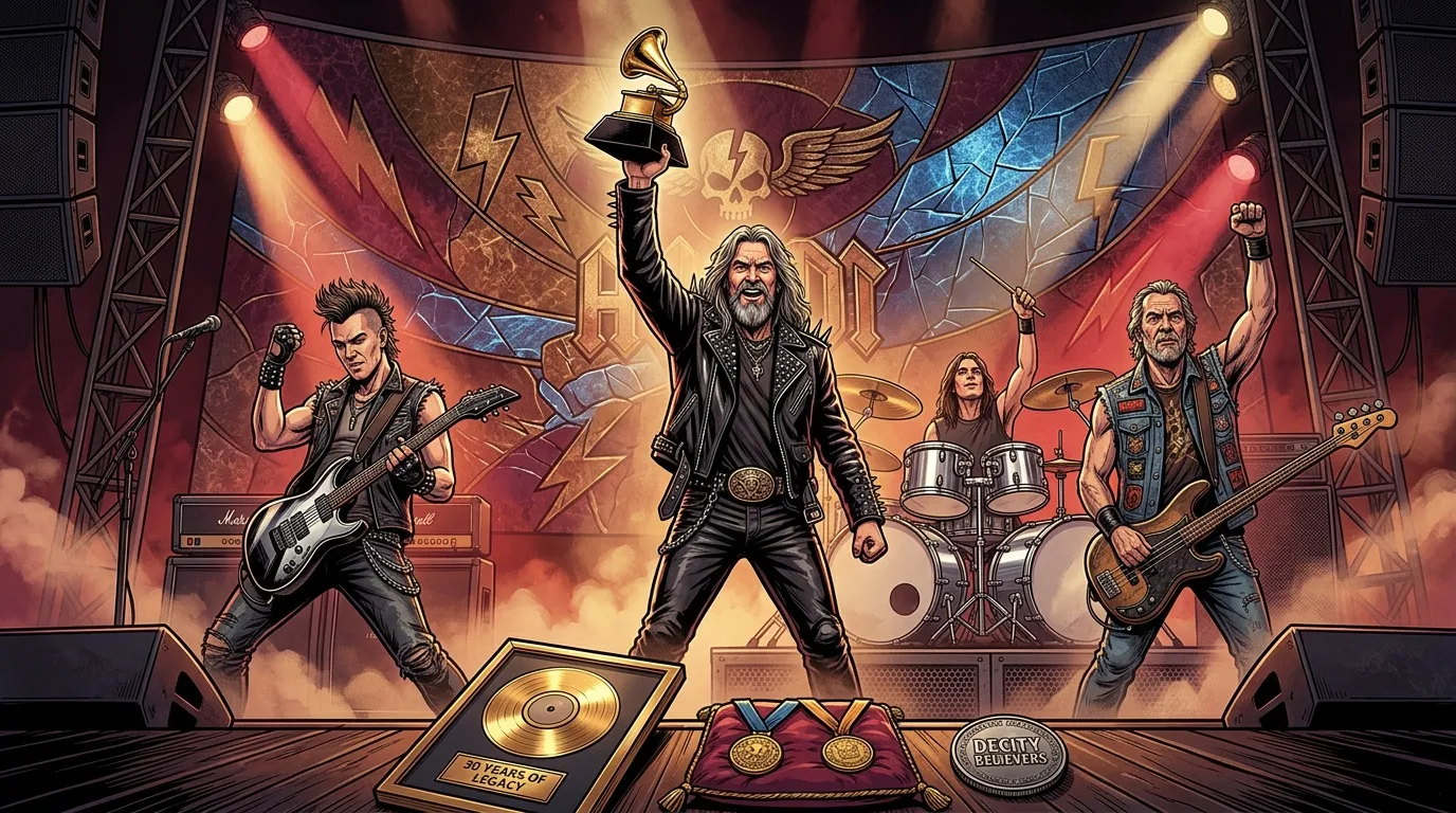 Groupe de rock sur scène avec Grammy, prix et trophées dorés
