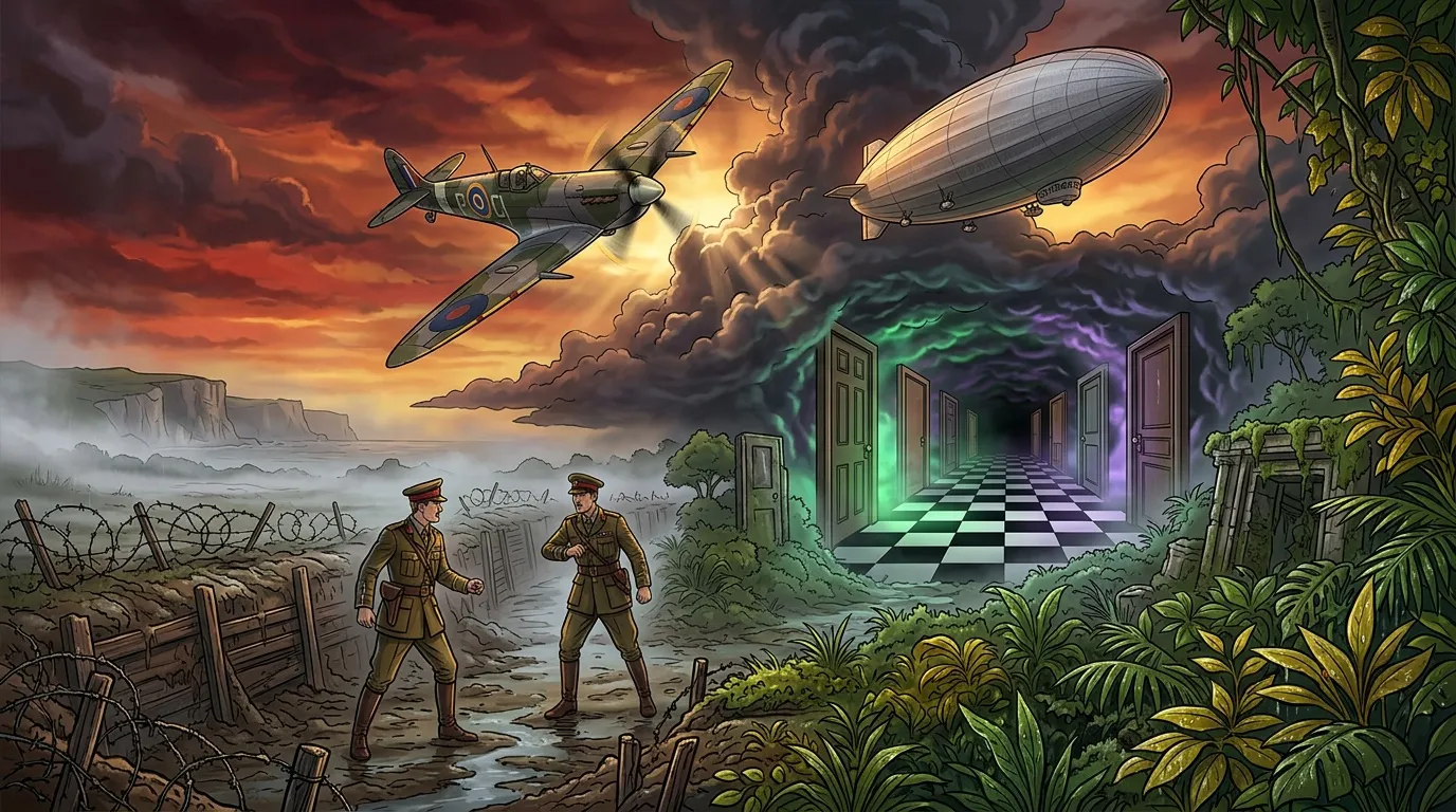 Soldats WWI observant avion et dirigeable près portail magique