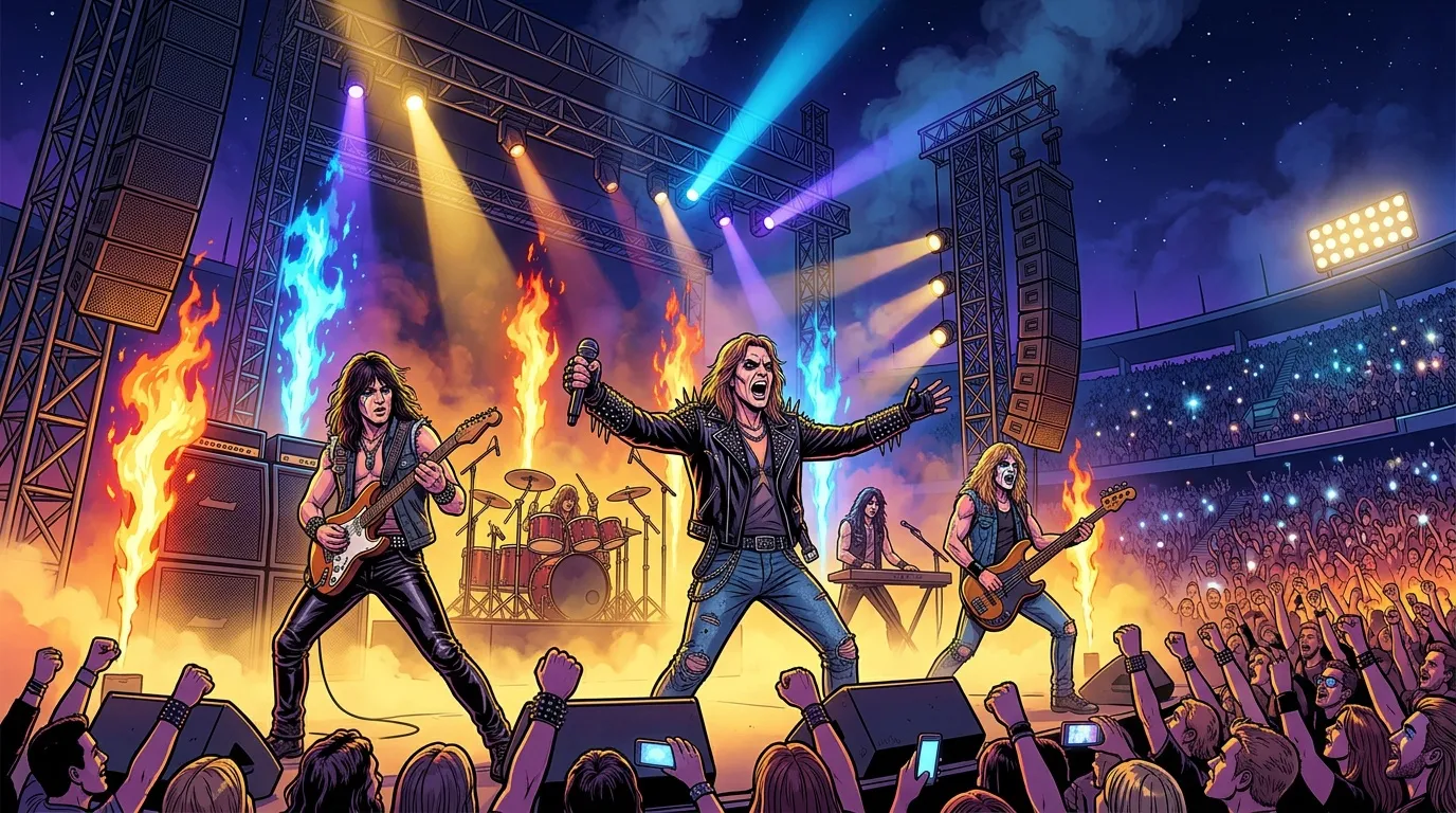 Groupe de rock en concert avec flammes et éclairages