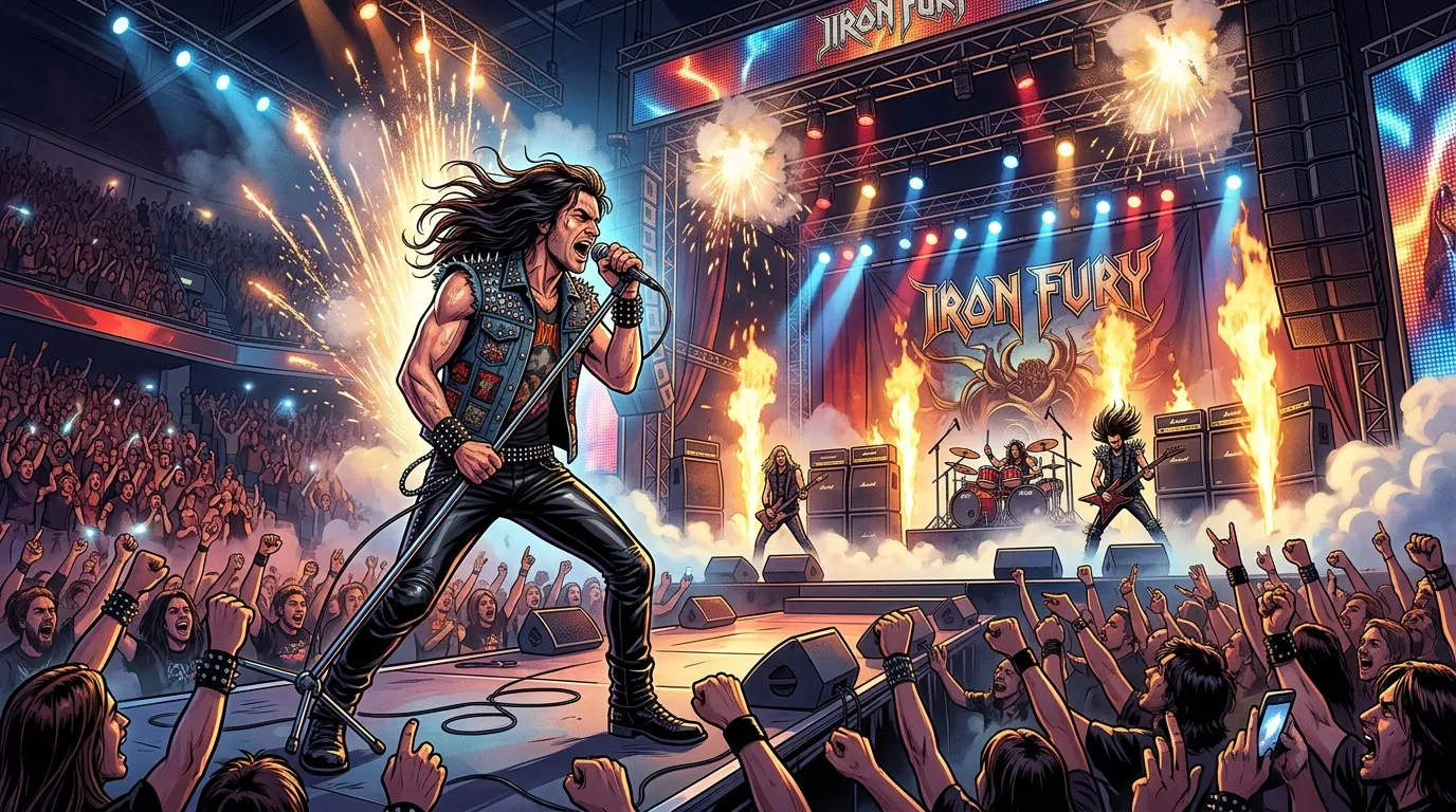 Chanteur de rock sur scène avec foule et flammes