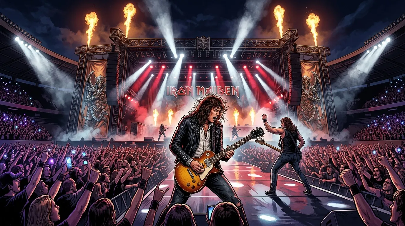 Guitariste sur scène avec foule en délire et effets pyrotechniques