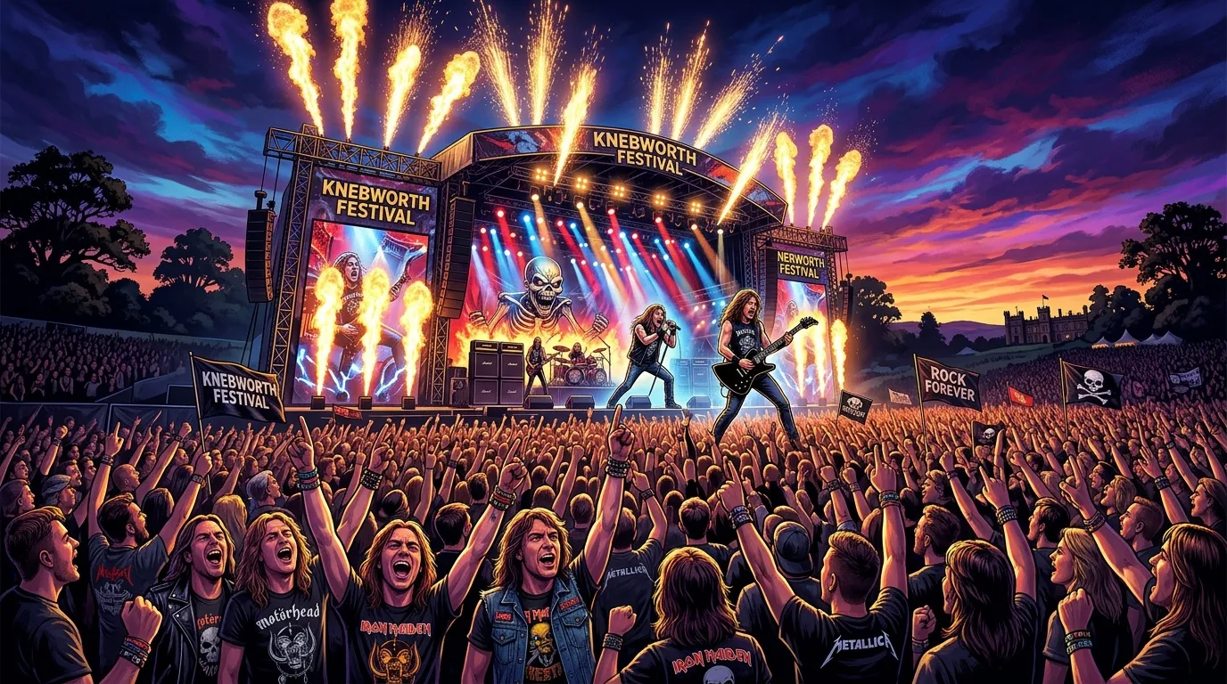 Foule en délire au festival Knebworth avec pyrotechnie spectaculaire