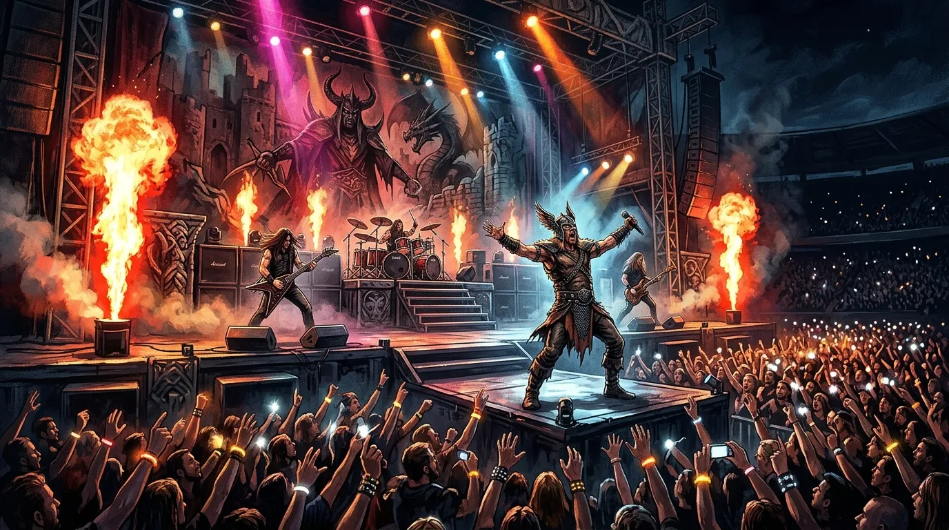Band de heavy metal performing on stage with fire and crowd