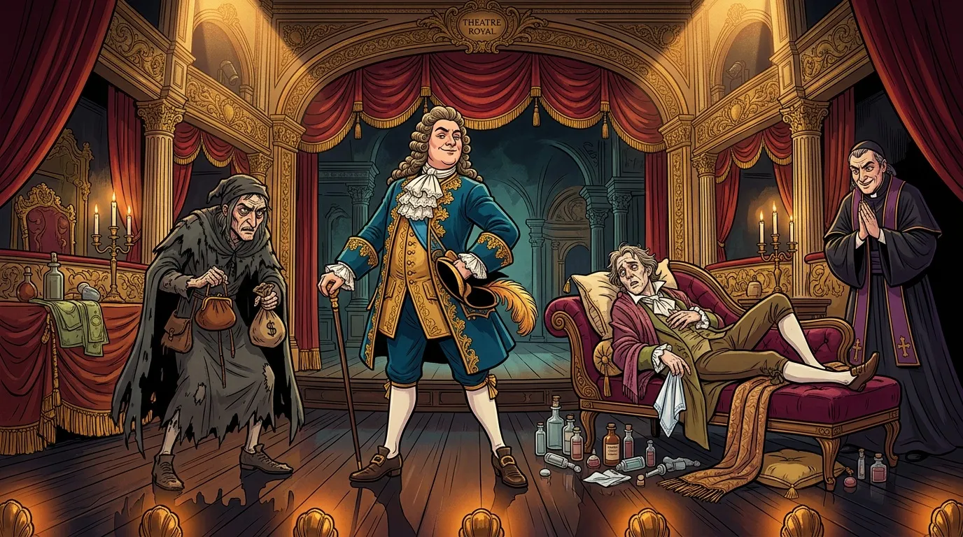 Sc&egrave;ne th&eacute;&acirc;trale baroque avec m&eacute;decin, roi et courtisans en costume d'&eacute;poque.