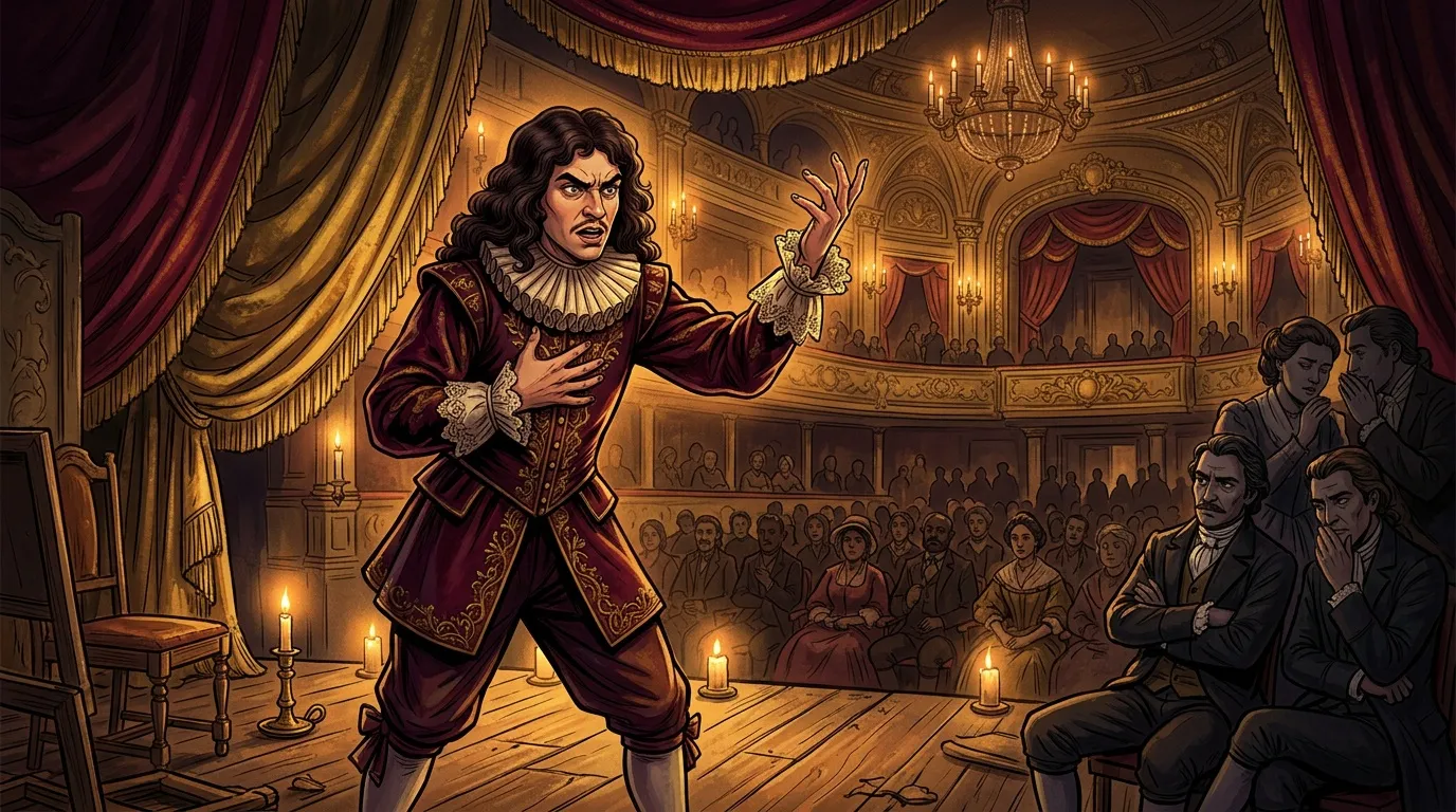 Homme en costume baroque rouge jouant sur sc&egrave;ne de th&eacute;&acirc;tre historique