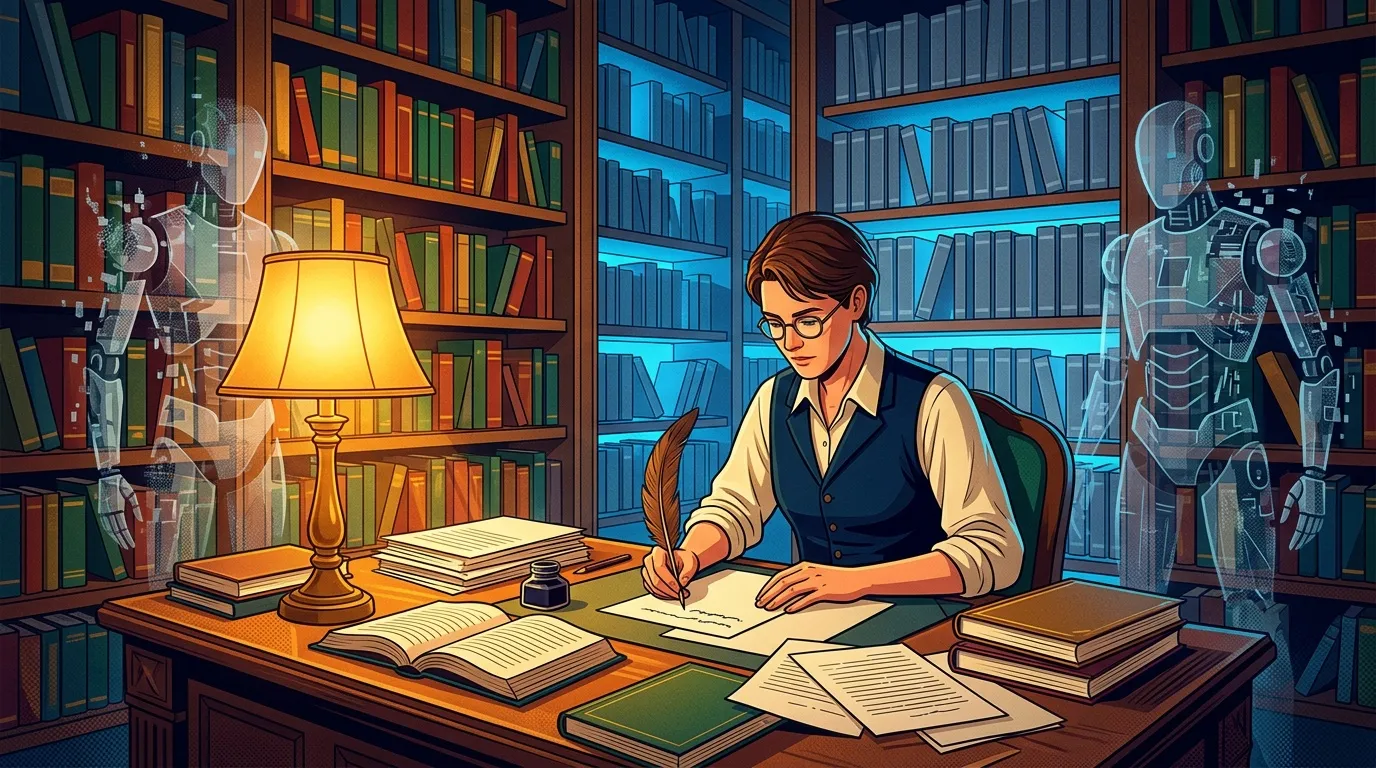 Homme écrivant à son bureau entouré de livres et lampe