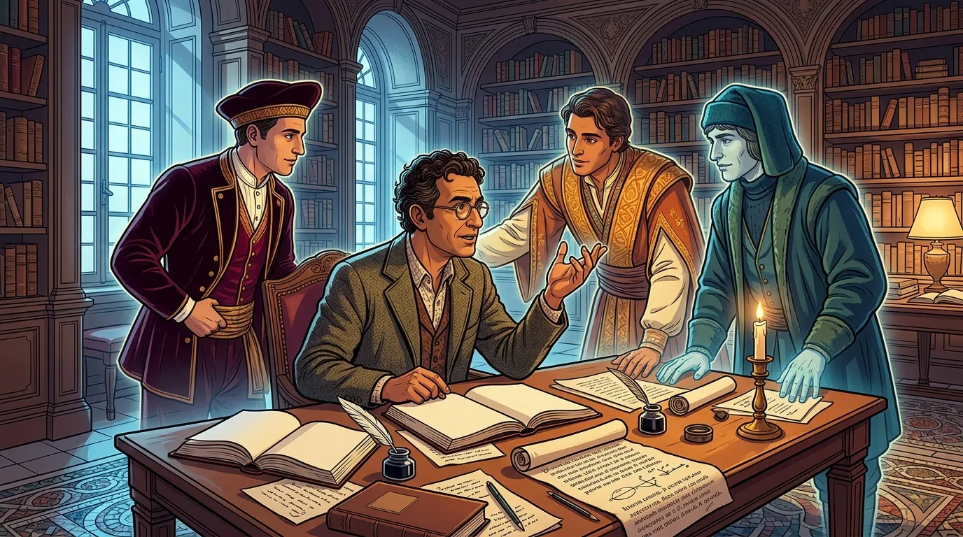 Cinq hommes discutent autour d'une table de manuscripts anciens.