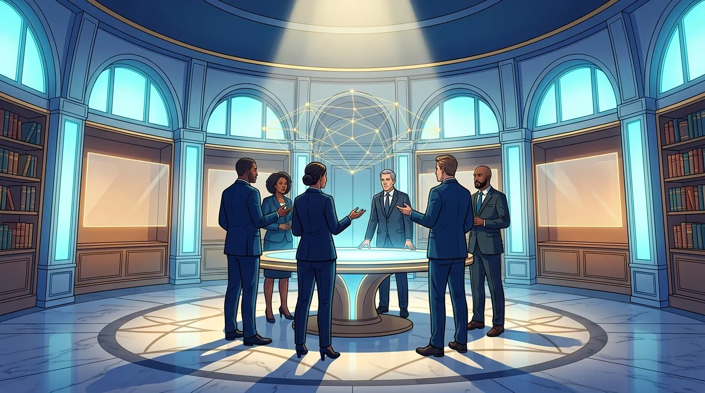 Six professionnels en réunion autour d'une table circulaire illuminée