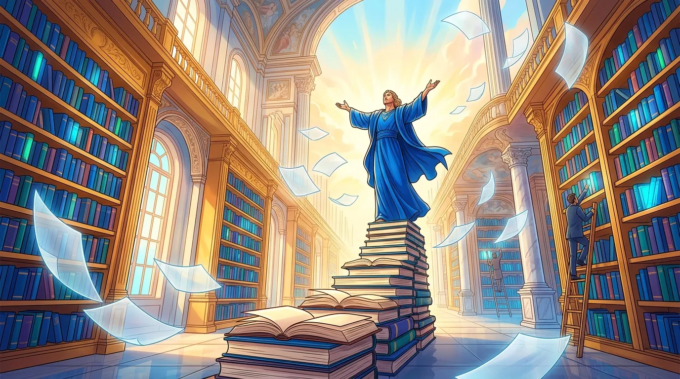 Femme en robe bleue s'élève au-dessus de livres dans une bibliothèque dorée.