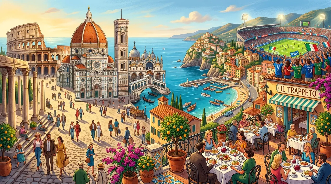 Collage illustr&eacute; montrant Florence, c&ocirc;te amalfitaine, football et gastronomie italienne.