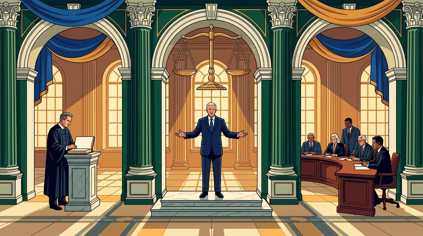 Avocat plaidant devant un juge et des jur&eacute;s dans une salle d'audience.