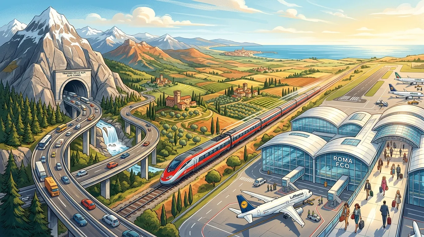 Illustration des transports: tunnel, route, train, avion, a&eacute;roport