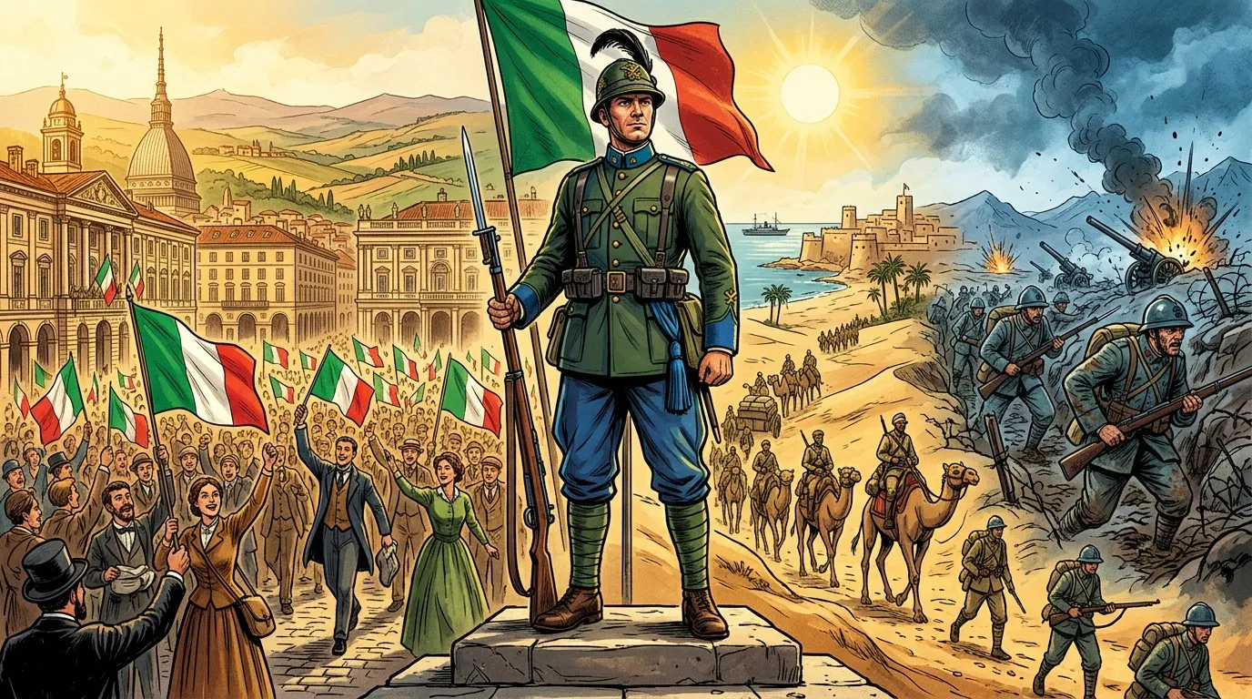 Soldat italien avec drapeau tricolore, ville et bataille coloniale