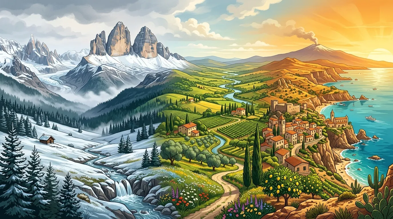 Paysages vari&eacute;s : montagnes enneig&eacute;es, vall&eacute;es vertes, village c&ocirc;tier m&eacute;diterran&eacute;en