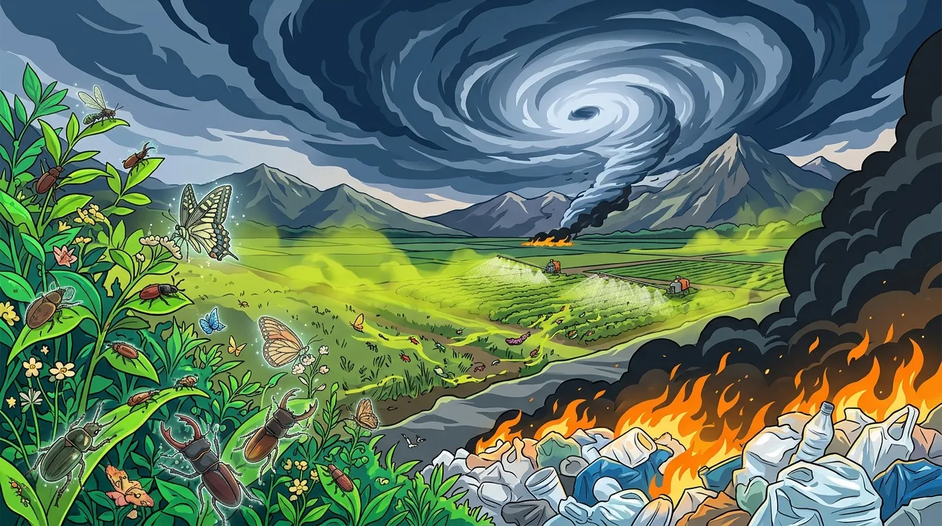 Paysage divis&eacute; entre nature florissante et catastrophes naturelles