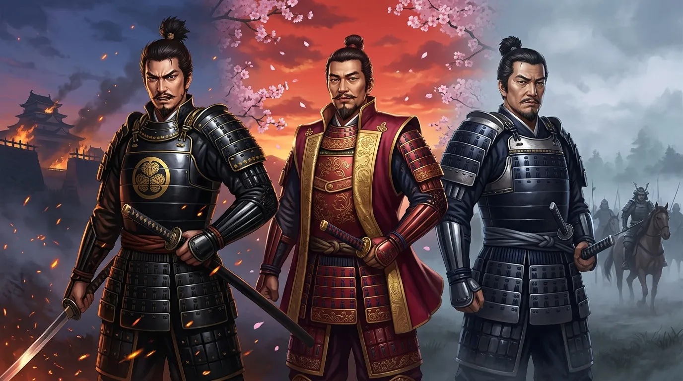 Trois samoura&iuml;s en armure traditionnelle face &agrave; un coucher de soleil