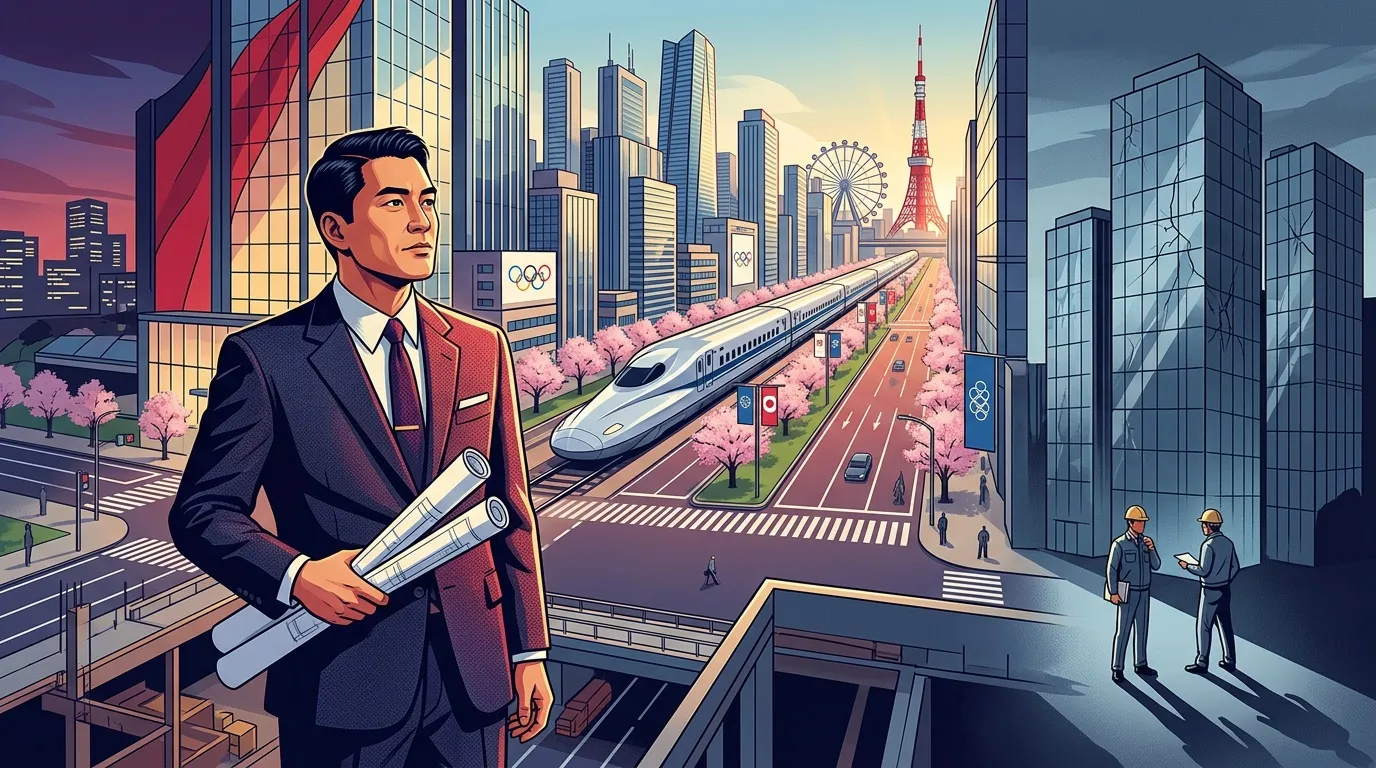 Homme d'affaires tenant plans devant ville futuriste olympique