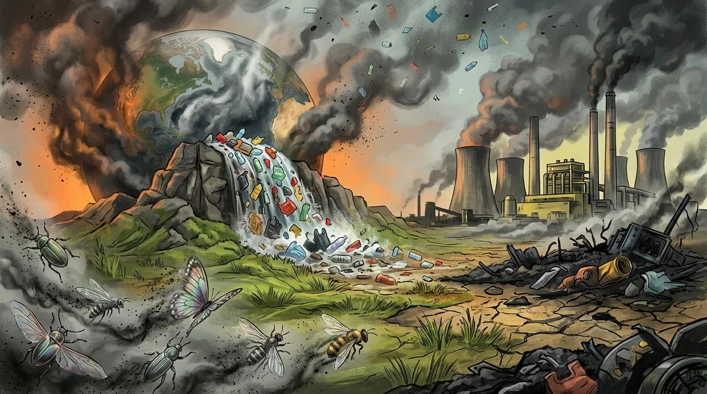 Illustration montrant pollution industrielle, d&eacute;chets et nature d&eacute;grad&eacute;e