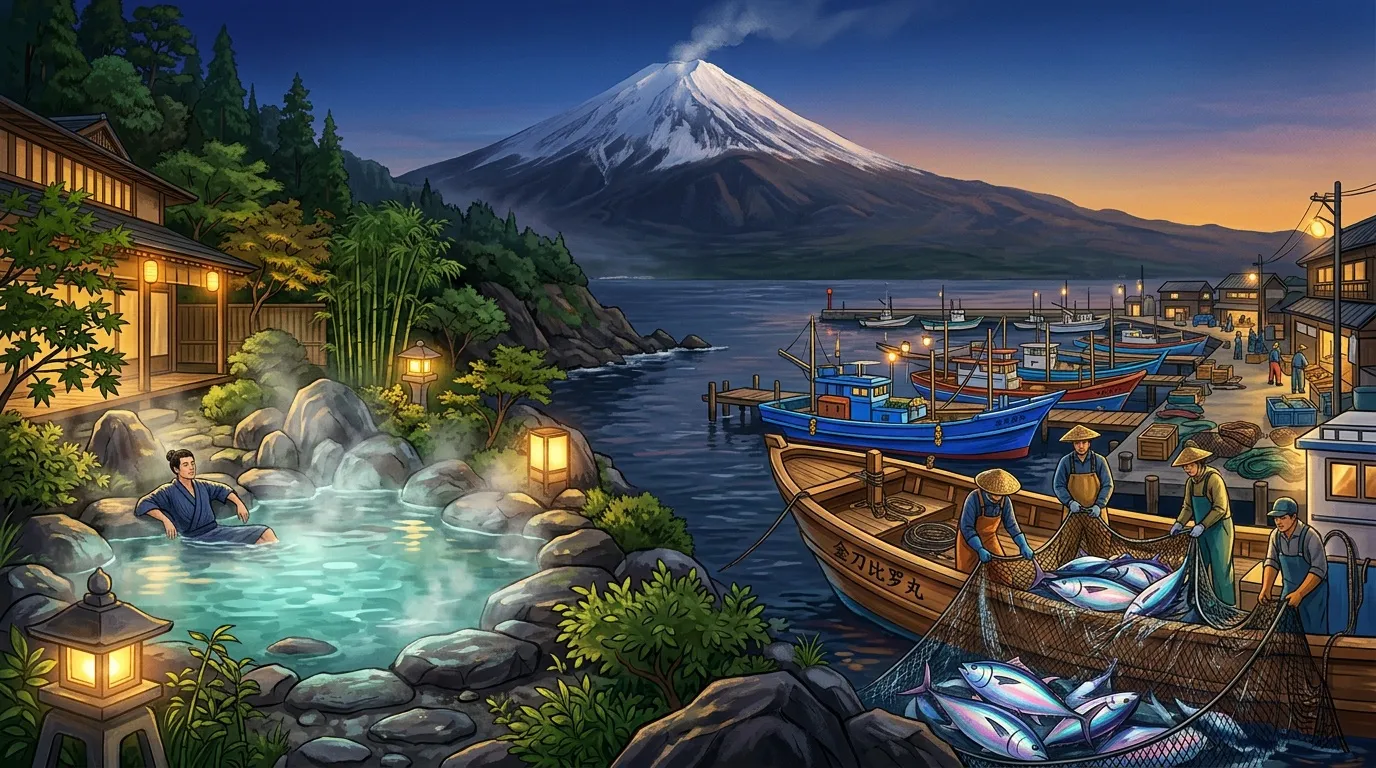 Village c&ocirc;tier japonais avec Mont Fuji enneig&eacute; au cr&eacute;puscule.