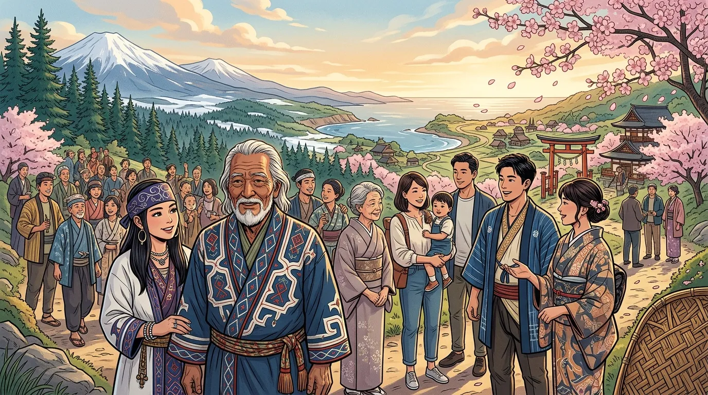 Famille multig&eacute;n&eacute;rationnelle r&eacute;unie dans un paysage asiatique montagneux