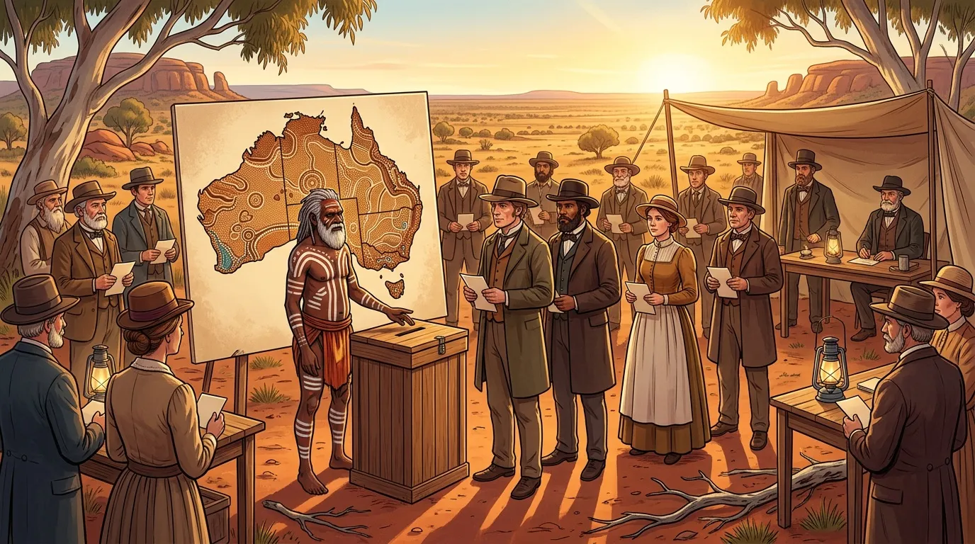 Aborigène présentant une carte à des colons européens au désert