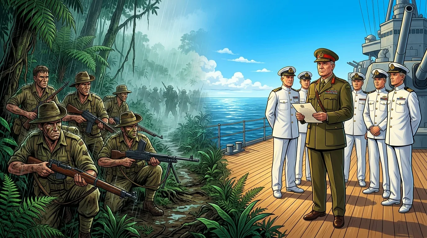 Officiers militaires rencontrent soldats en jungle côtière