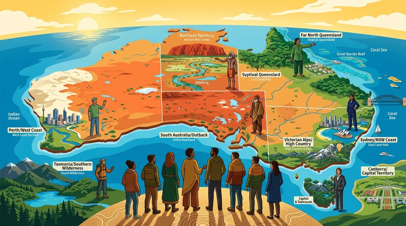 Carte illustrée des régions australiennes avec populations locales