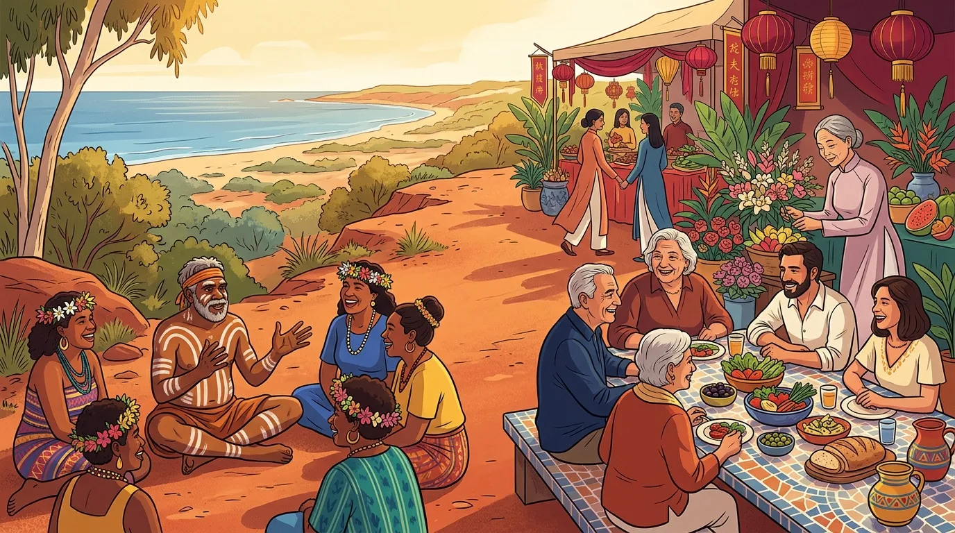 Familles diverses festoyant ensemble près de la mer et maisons décorées.