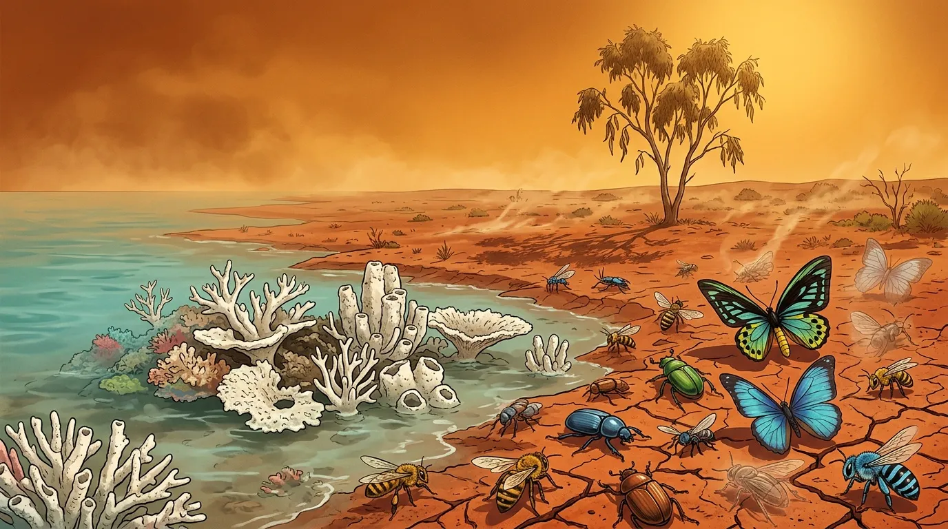 Désert aride avec insectes, coraux marins et arbre sec.