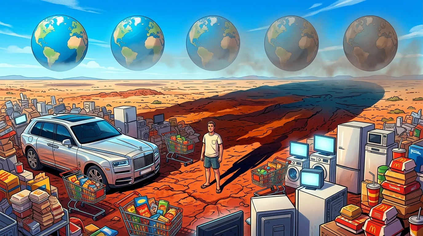 Homme entouré de biens de consommation sur terre désertique