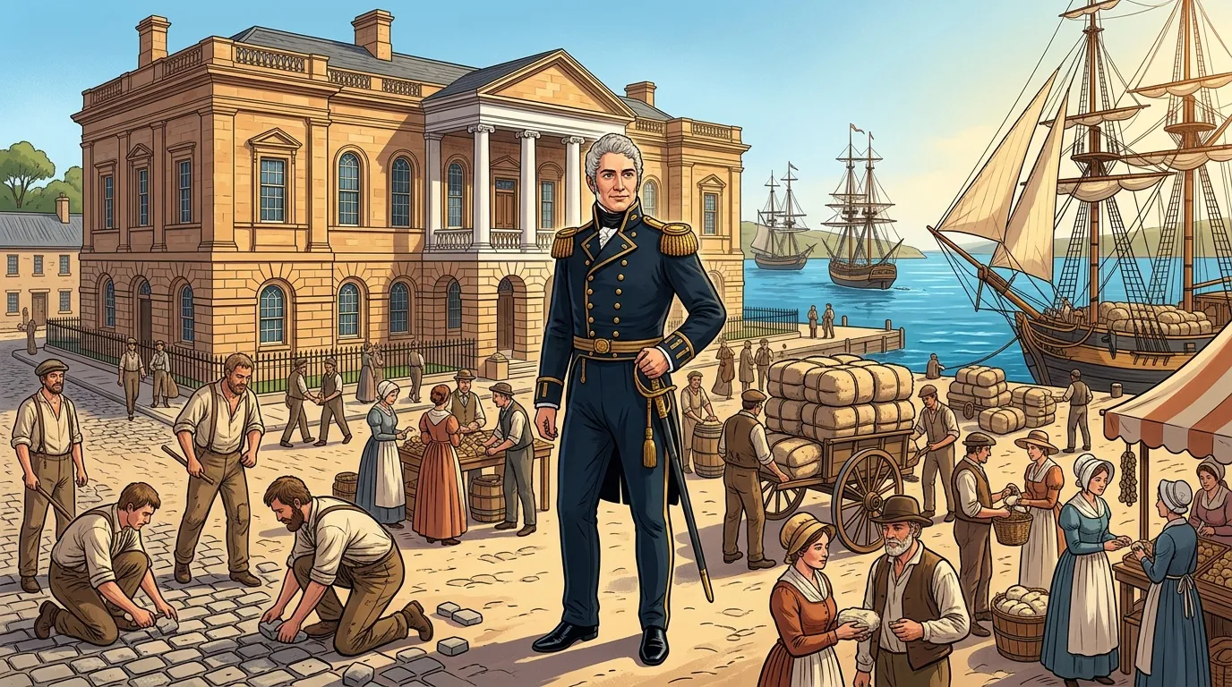 Officier militaire devant bâtiment administratif, port avec navires et activités portuaires.