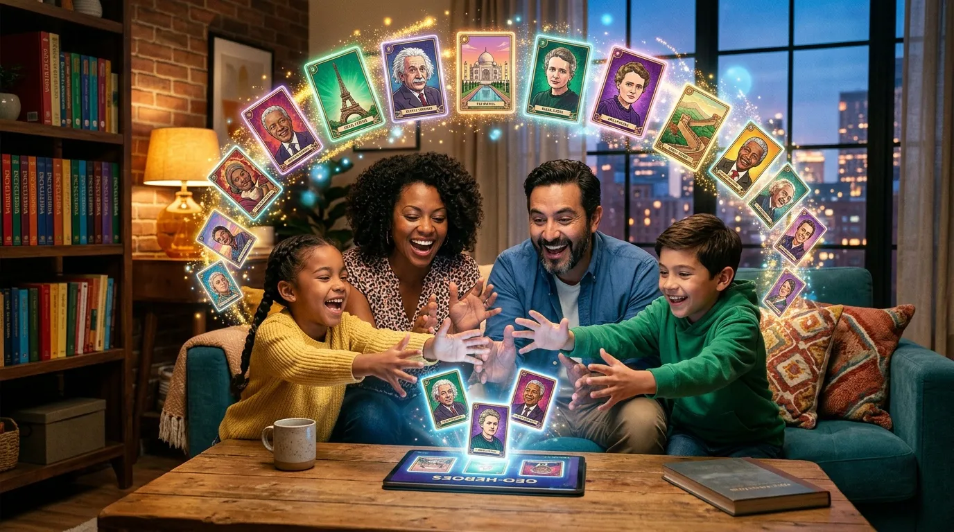 Famille jouant &agrave; un jeu de cartes holographique interactif