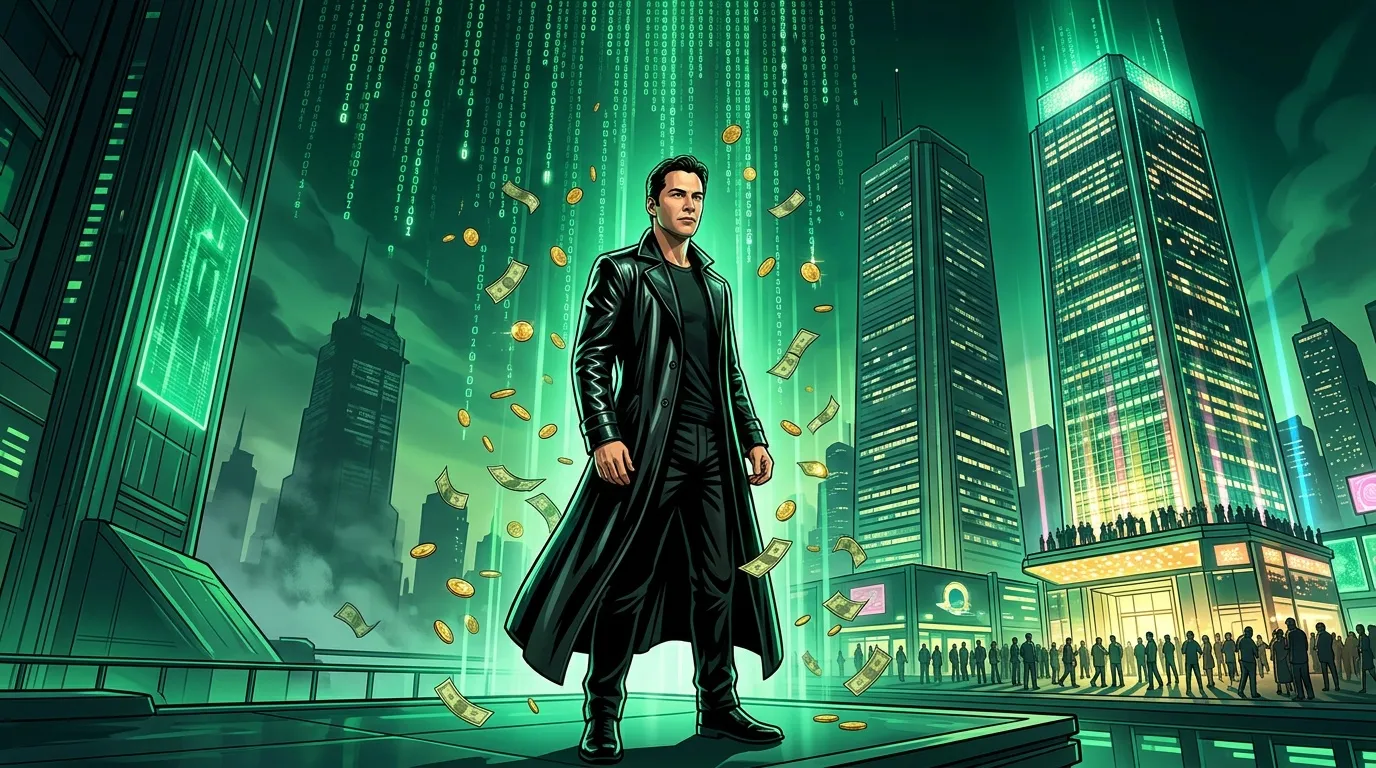Homme en costume noir dans ville numérique verte futuriste