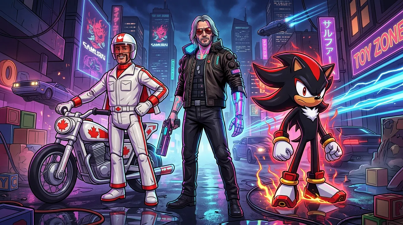 Trois personnages en costume cyberpunk dans une ville néon brillante